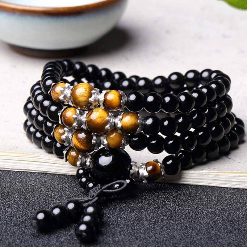 Wear FengShui 108 Beads Natural Black Obsidian Tiger Eye Mala Bracelet
