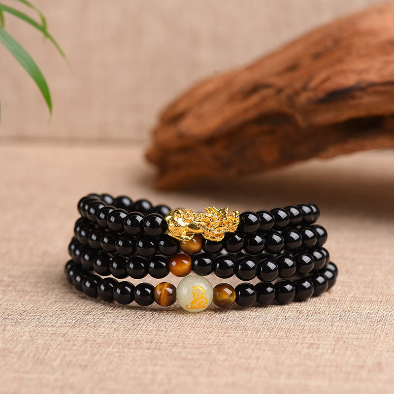 Wear FengShui Chinese Zodiac Obsidian PiXiu Protection Mala Bracelet
