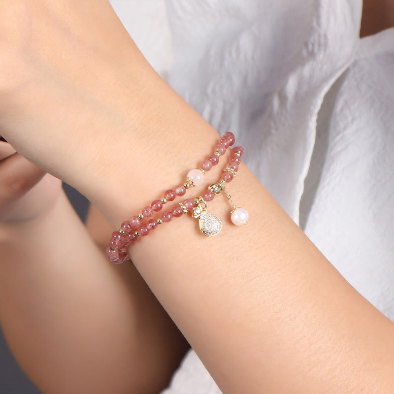 Wear FengShui Strawberry Quartz Money Bag Positive Charm Double Wrap Bracelet