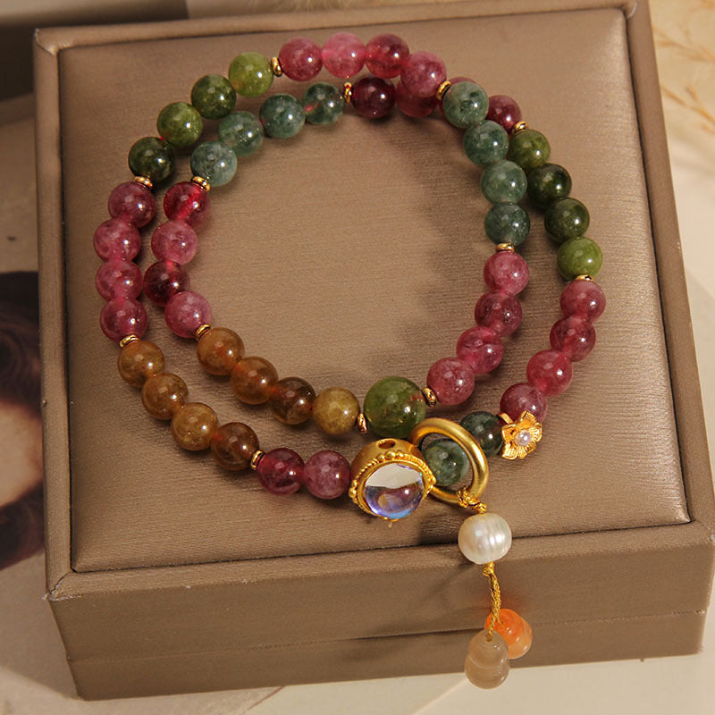 Wear FengShui Multicolored Tourmaline Positive Double Wrap Gourd Charm Bracelet