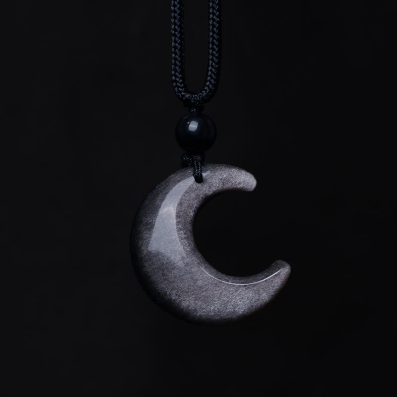 Wear FengShui Natural Silver Sheen Obsidian Selenite Crystal Crescent Moon Yin Yang Couple Protection Necklace Pendant