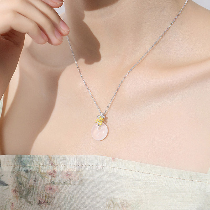 Wear FengShui 925 Sterling Silver Round Chalcedony Twelve Months Flower Harmony Necklace Pendant