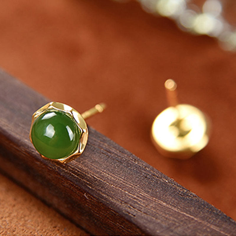 Wear FengShui 925 Sterling Silver Plated Gold Natural Hetian Cyan Jade Bead Luck Stud Earrings