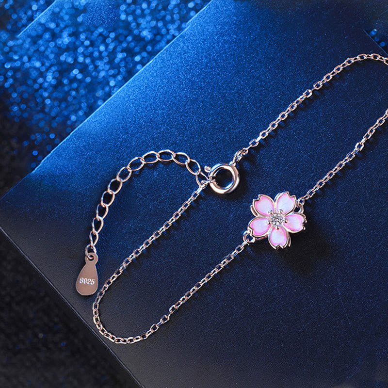 Wear FengShui 925 Sterling Silver Cherry Blossom Blessing Chain Bracelet Rotatable Ring