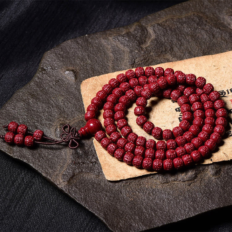 Wear FengShui 108 Mala Beads Cinnabar Om Mani Padme Hum Pattern Engraved Blessing Bracelet