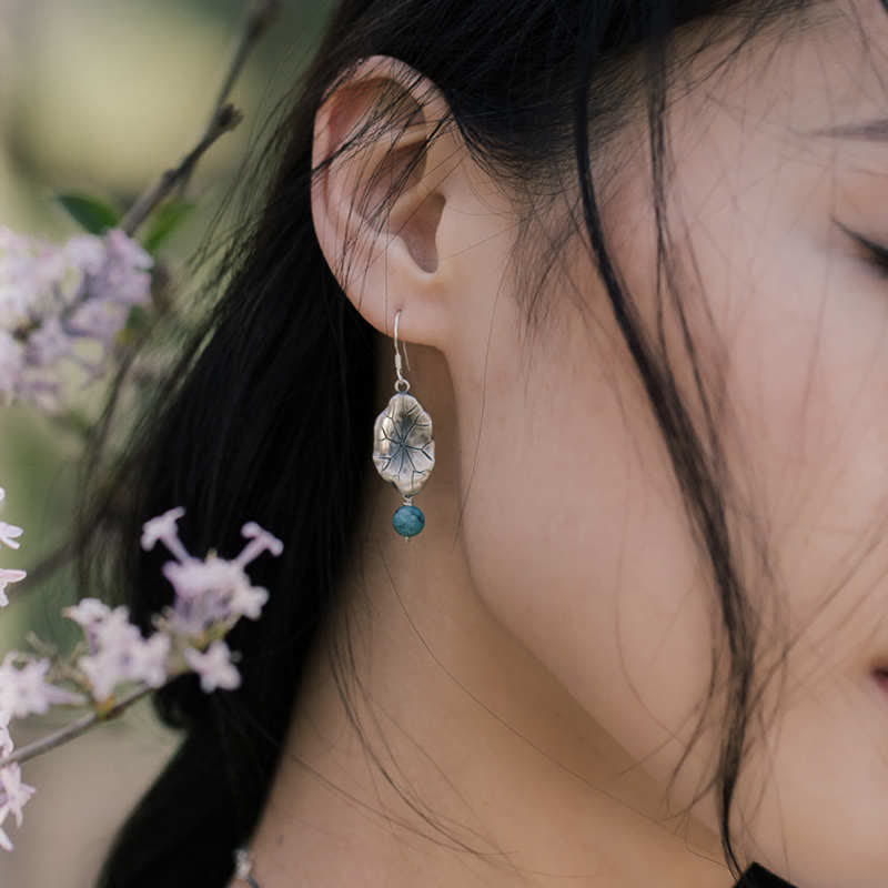 Wear FengShui 925 Sterling Silver Turquoise Lotus Leaf Protection Drop Dangle Earrings