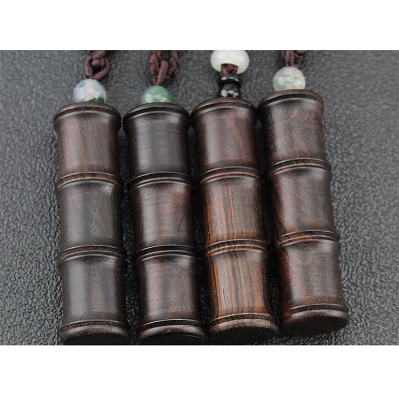 Wear FengShui Ebony Wood Bamboo Pattern Ghau Prayer Box Peace Necklace Pendant