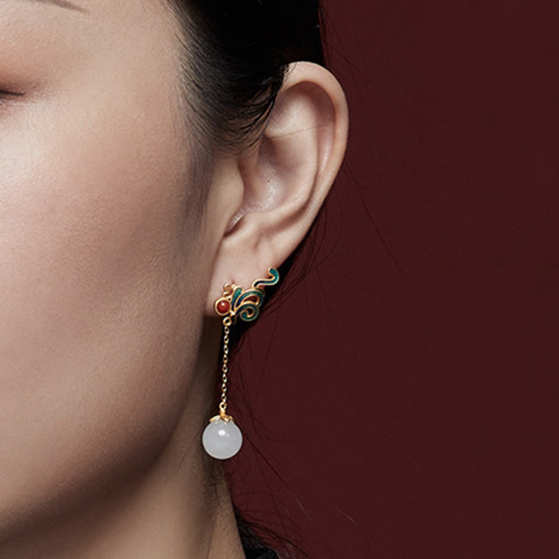 Wear FengShui Vintage White Jade Red Agate Bead Blessing Drop Dangle Earrings
