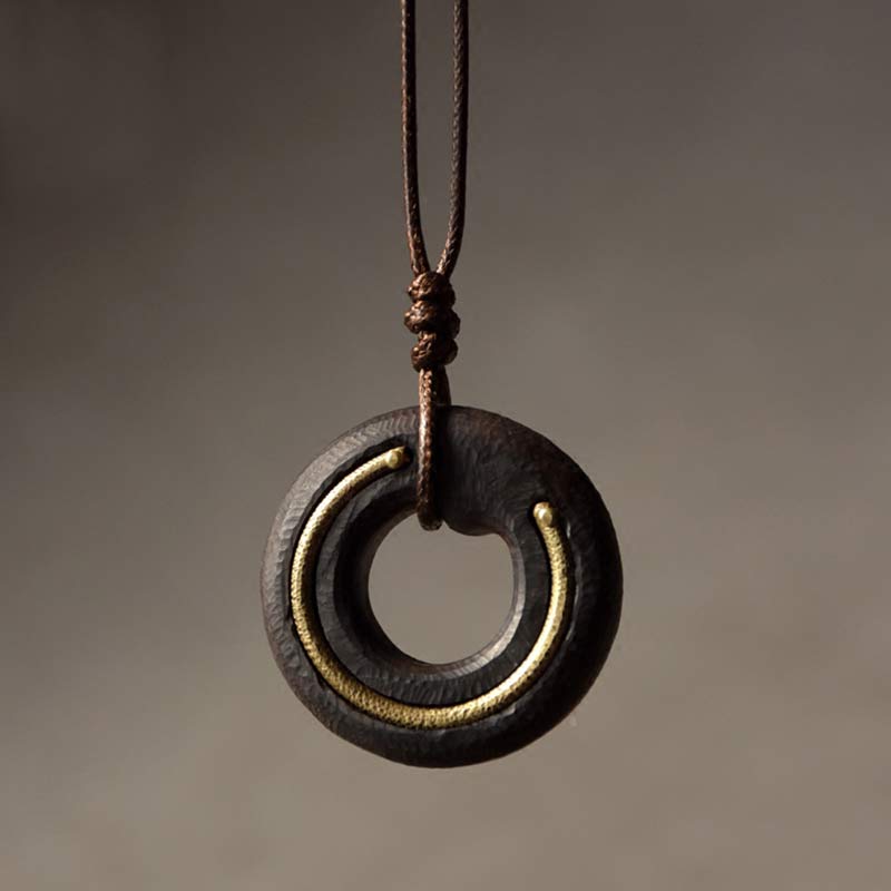 Wear FengShui Zen Circle Ebony Wood Peace Calm Necklace Pendant