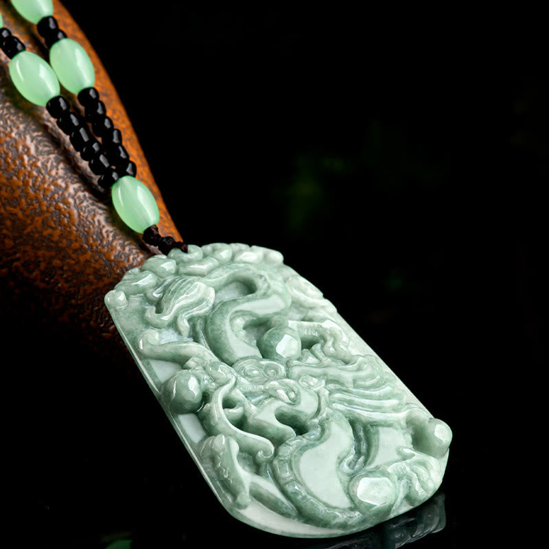 Wear FengShui Year Of The Dragon Chinese Zodiac Dragon Soaring Jade Protection Bead Chain Necklace Pendant