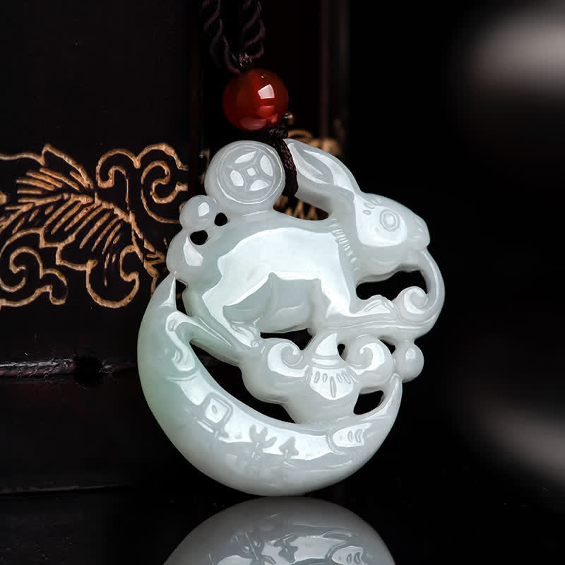 Wear FengShui Year of the Rabbit White Jade Crescent Moon Protection Necklace Pendant