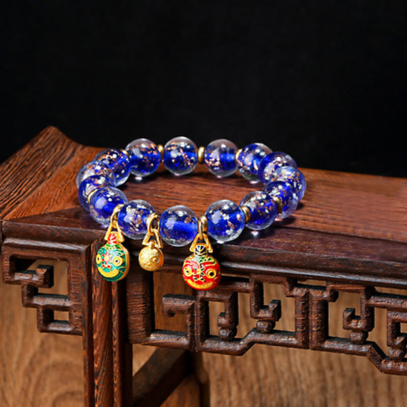 Wear FengShui Gold Swallowing Beast Family Charm Luminous Fluorescent Liuli Glass Bead Success Bracelet