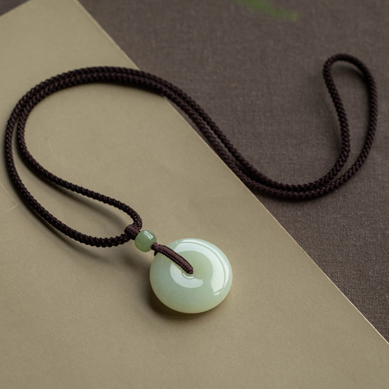 Wear FengShui Natural Round Jade Peace Buckle Luck Prosperity Necklace Pendant