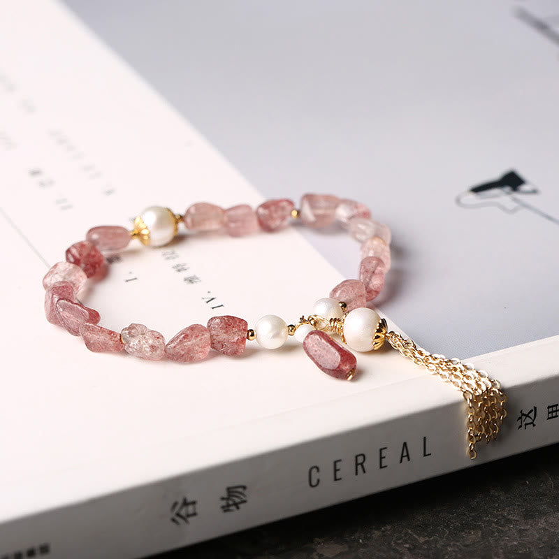 Wear FengShui Natural Strawberry Quartz Pearl 14k Gold Plated Love Healing Bracelet