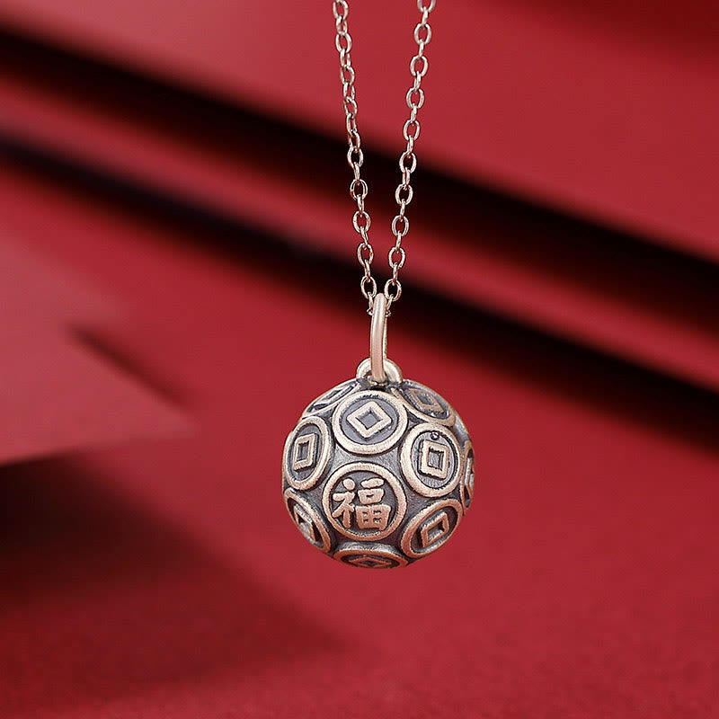 Wear FengShui 990 Sterling Silver Fu Character Copper Coin Luck Fortune Chain Necklace Pendant