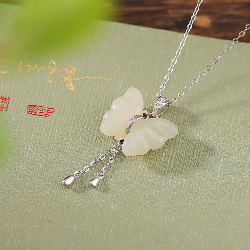 Wear FengShui 925 Sterling Silver Plated Gold Hetian White Jade Butterfly Blessing Necklace Pendant