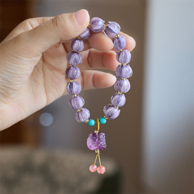 Wear FengShui Liuli Glass Bead Lotus Design Fluorite Ivory Fruit Dancing Lion Charm Enlightenment Bracelet