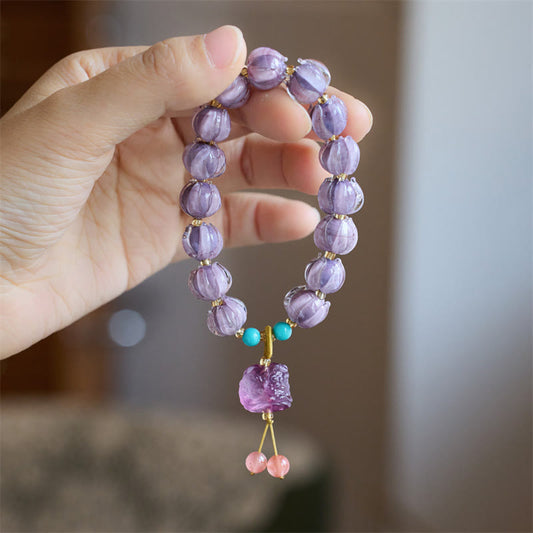 Wear FengShui Liuli Glass Bead Lotus Design Fluorite Ivory Fruit Dancing Lion Charm Enlightenment Bracelet