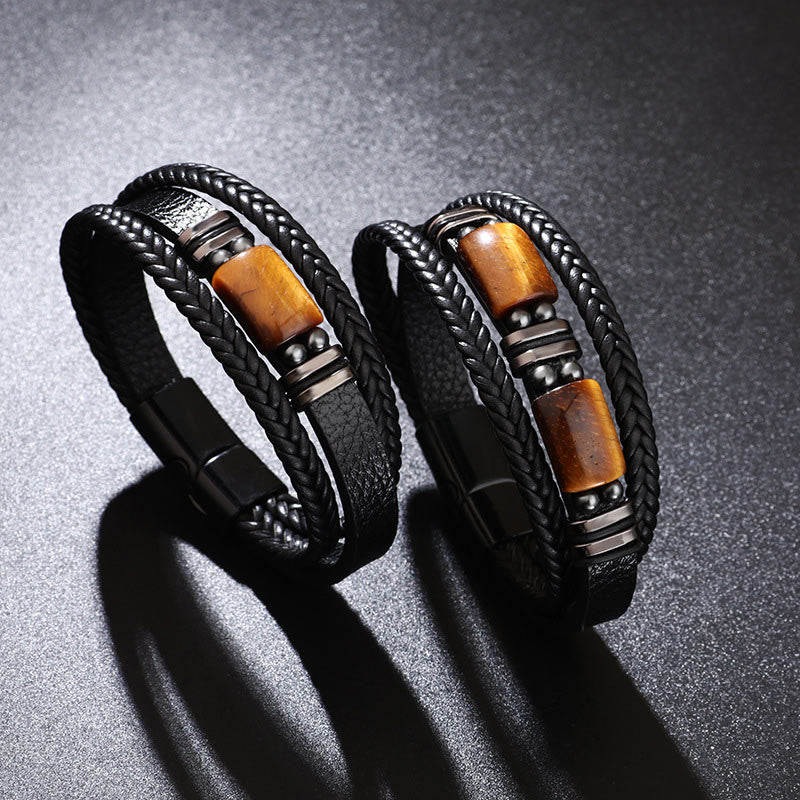 Wear FengShui Tiger Eye Power Magnetic Buckle Multilayered Leather Bracelet