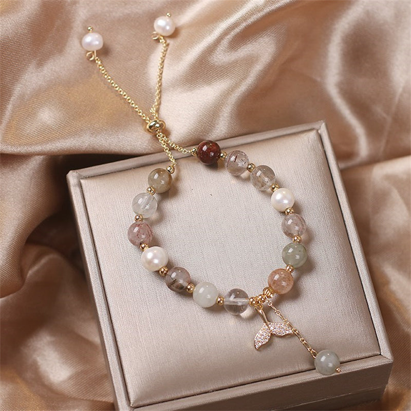 Wear FengShui Strawberry Quartz Rutilated Quartz Fishtail Charm Healing Bracelet