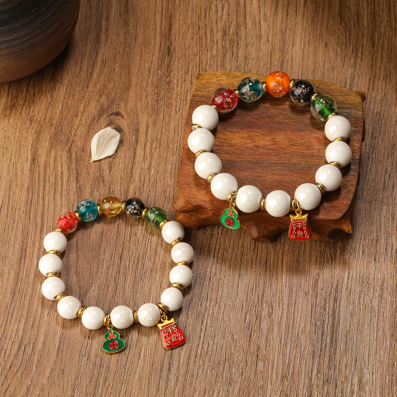 Wear FengShui Tibetan Incense Ash Porcelain Luminous Fluorescent Liuli Glass Bead Gourd Copper Coin Charm Peace Bracelet