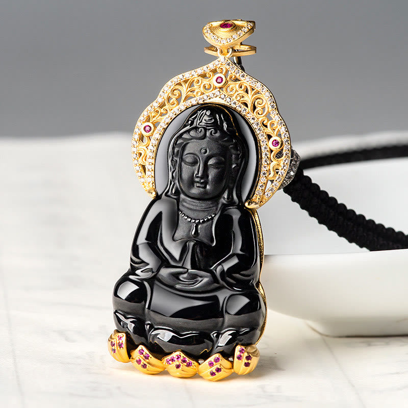 Wear FengShui Natural Black Jade Kwan Yin Avalokitesvara Wealth Titanium Steel Chain Necklace Pendant