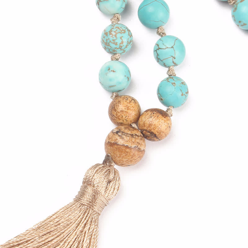 Wear FengShui 108 Mala Beads Turquoise Picture Jasper Wisdom Tassel Bracelet