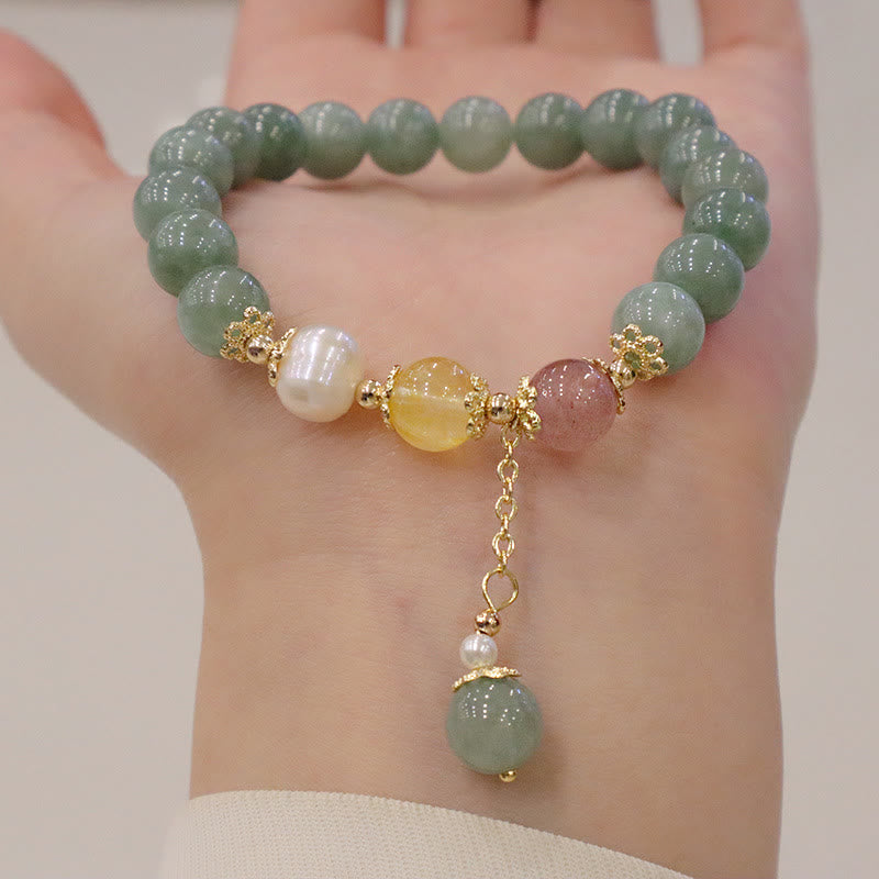 Wear FengShui Jade Pearl Strawberry Quartz Abundance Luck Bead Charm Bracelet