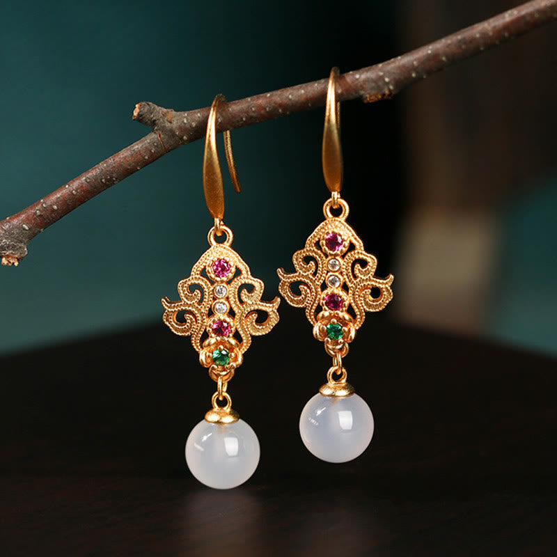 Wear FengShui 24K Gold Plated Round Chalcedony Positive Dangle Drop Earrings