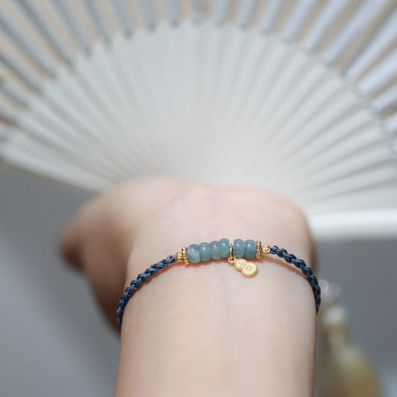 Wear FengShui 925 Sterling Silver Natural Jade Gourd Rutilated Quartz Fu Character Luck Braid Bracelet