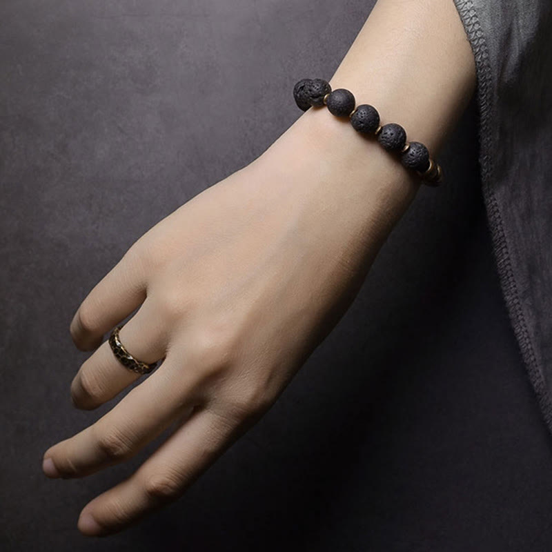 Wear FengShui Lava Rock Stone Rainbow Obsidian Brass Support Healing Bracelet