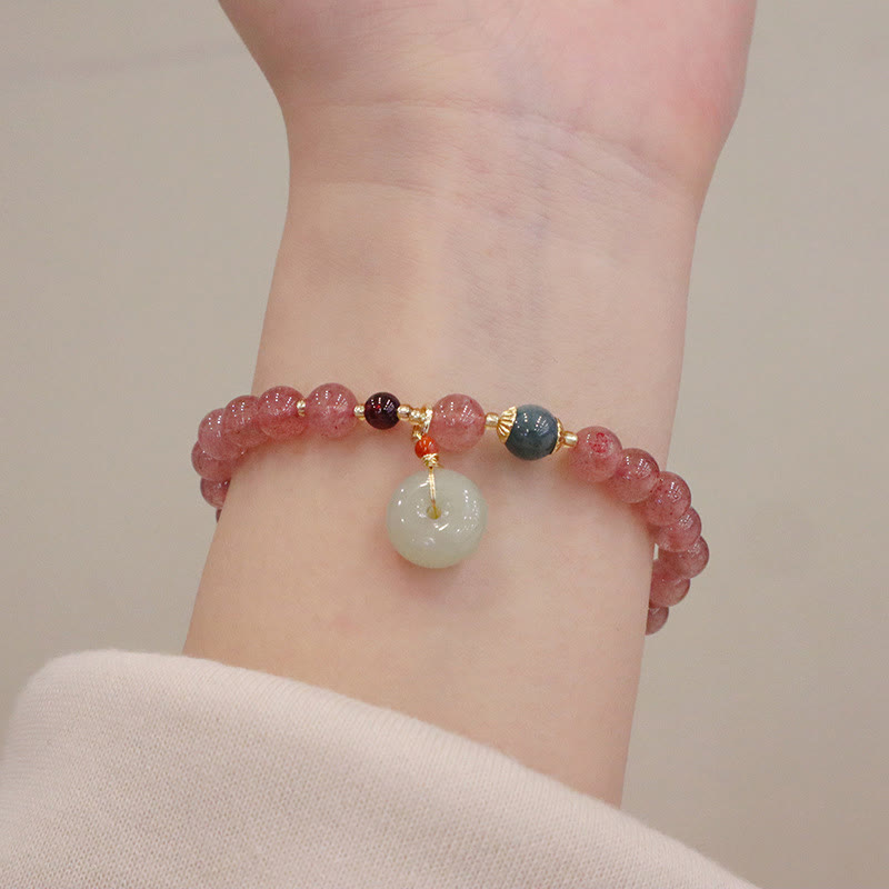 Wear FengShui Natural Strawberry Quartz Jade Peace Buckle Coin Purse Healing Bracelet