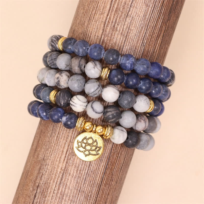 Wear FengShui 108 Mala Beads Sodalite Zebra Jasper Crystal Lotus Strength Bracelet