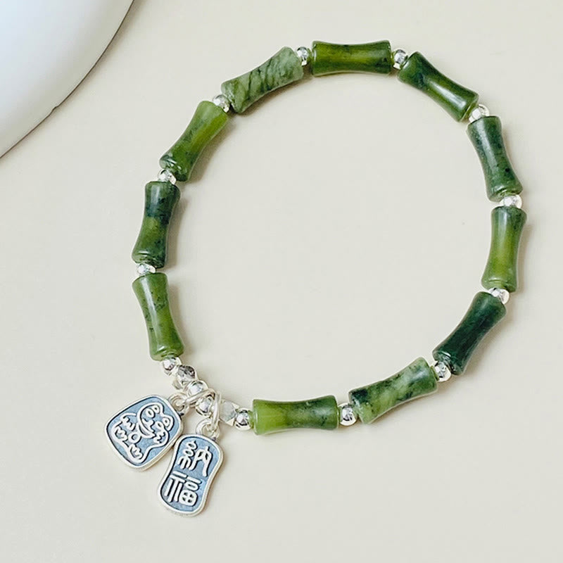 Wear FengShui 925 Sterling Silver Bamboo Jade Lucky Cat Fu Character Luck Abundance Bracelet