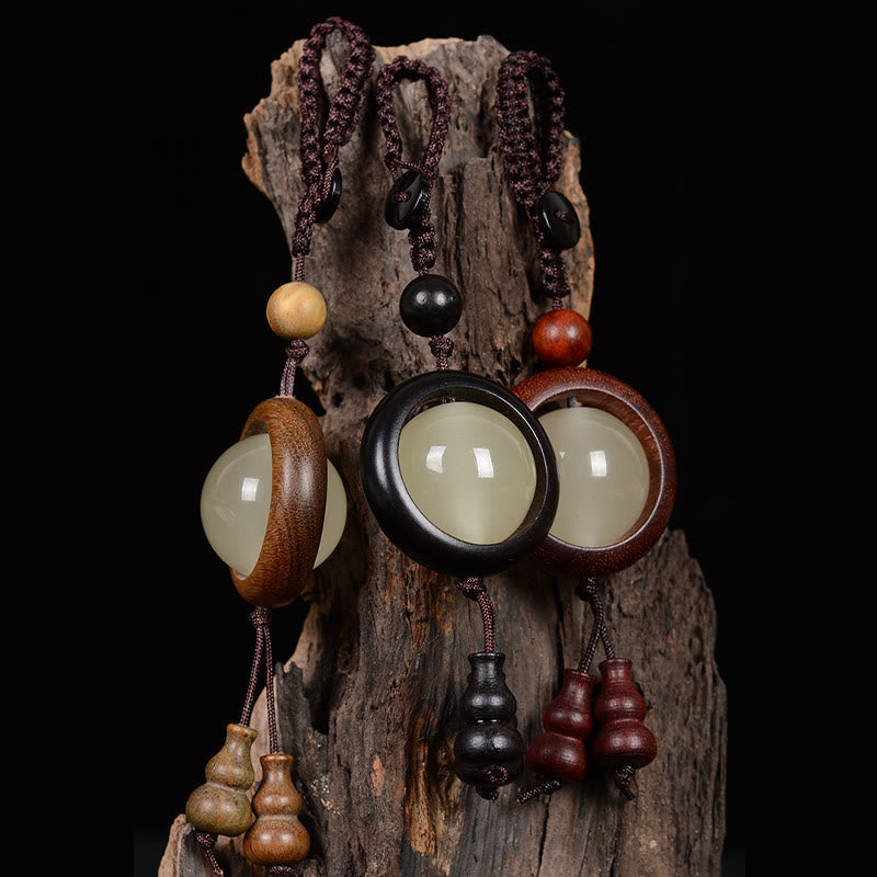 Wear FengShui Red Sandalwood Ebony Wood Green Sandalwood Luminous Lucky Bead Gourd Peace Key Chain