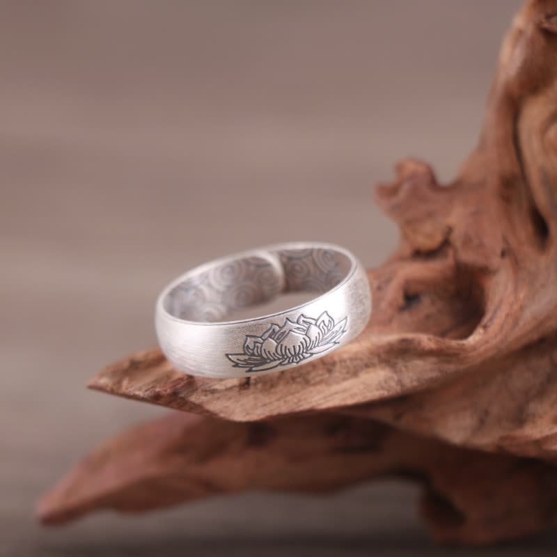 Wear FengShui 999 Sterling Silver Lotus Elephant Six True Words Blessing Ring