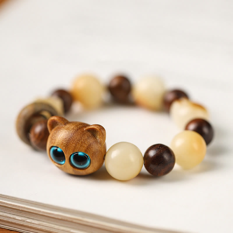 Wear FengShui Natural Bodhi Seed Sandalwood Lucky Cute Cat Head Paw Claw Peace Bracelet