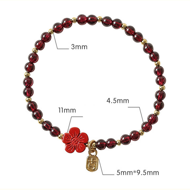 Wear FengShui 14K Gold Plated Natural Garnet Cinnabar Flower Calm Bracelet