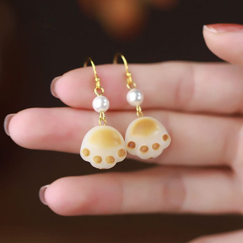 Wear FengShui Bodhi Seed Lovely Cat Paw Claw Peace Dangle Drop Earrings
