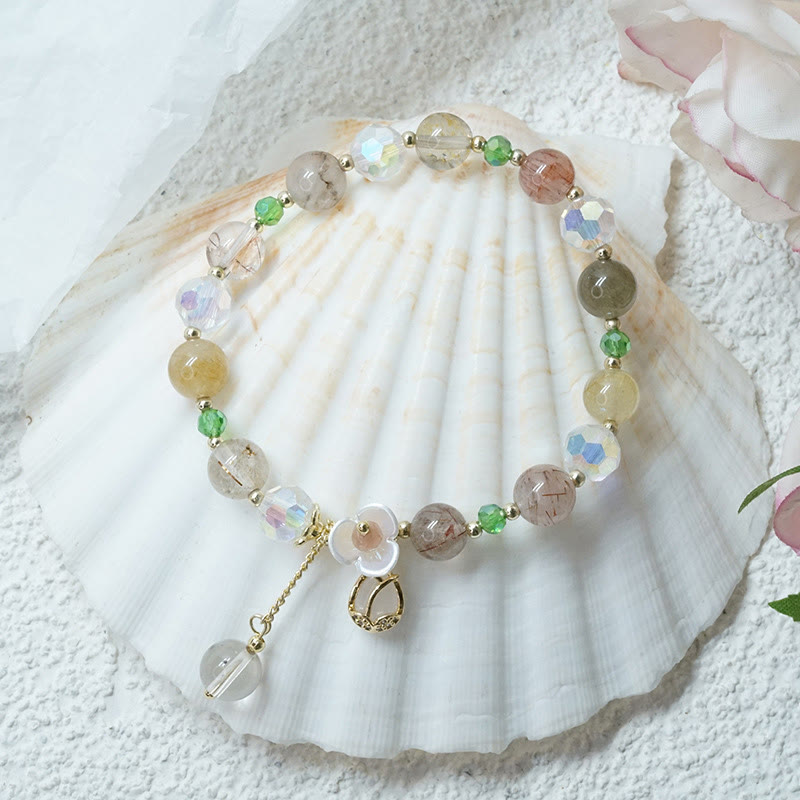 Wear FengShui Strawberry Quartz Rutilated Quartz Fluorite Flower Healing Bracelet