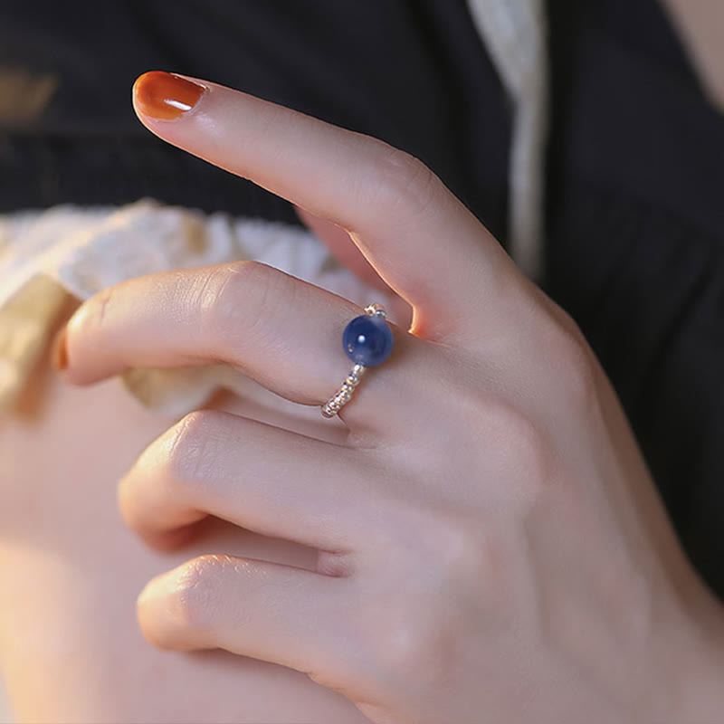 Wear FengShui 925 Sterling Silver Blue Candy Agate Healing Bead Ring