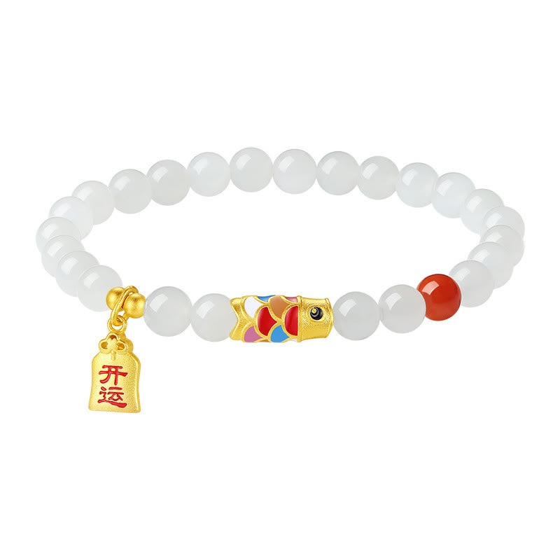Wear FengShui 925 Sterling Silver Hetian White Jade Red Agate Koi Fish Luck Happiness Bracelet