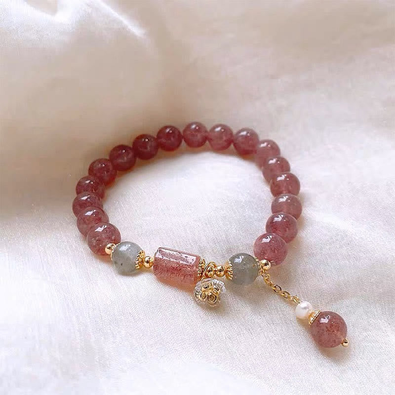 Wear FengShui Natural Strawberry Quartz Zircon Flower Positive Charm Bracelet