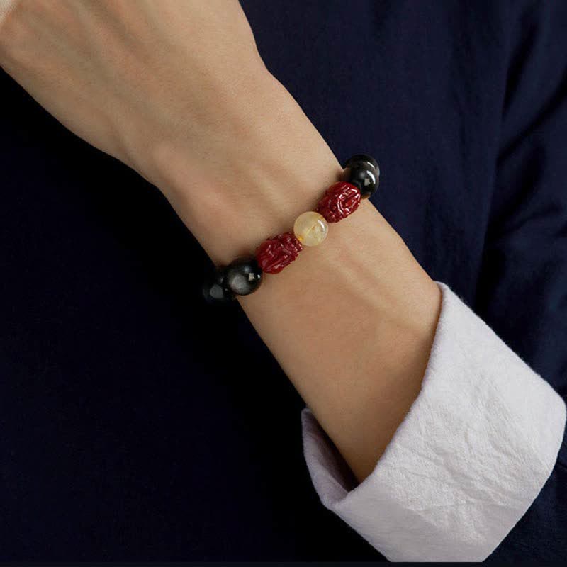 Wear FengShui Gold Sheen Obsidian PiXiu Cinnabar Om Mani Padme Hum Protection Bracelet