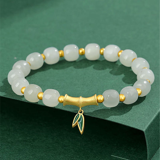 Wear FengShui 925 Sterling Silver Hetian White Jade Bamboo Luck Bracelet