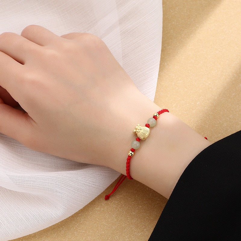 Wear FengShui Lucky Money Bag Fu Character Jade Bead Luck Braided Bracelet