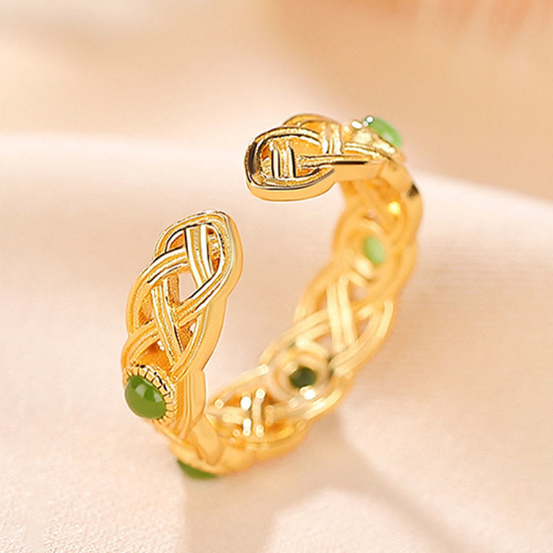 Wear FengShui 925 Sterling Silver Plated Gold Cyan Jade Braided Design Success Luck Adjustable Ring