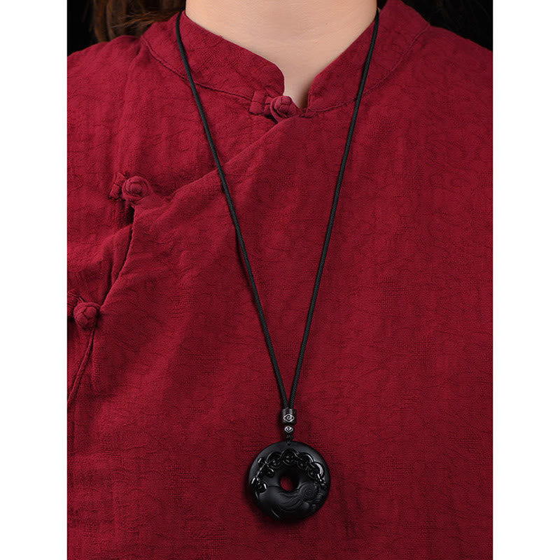 Wear FengShui Chinese Zodiac Natural Black Obsidian Peace Buckle Strength Necklace Pendant