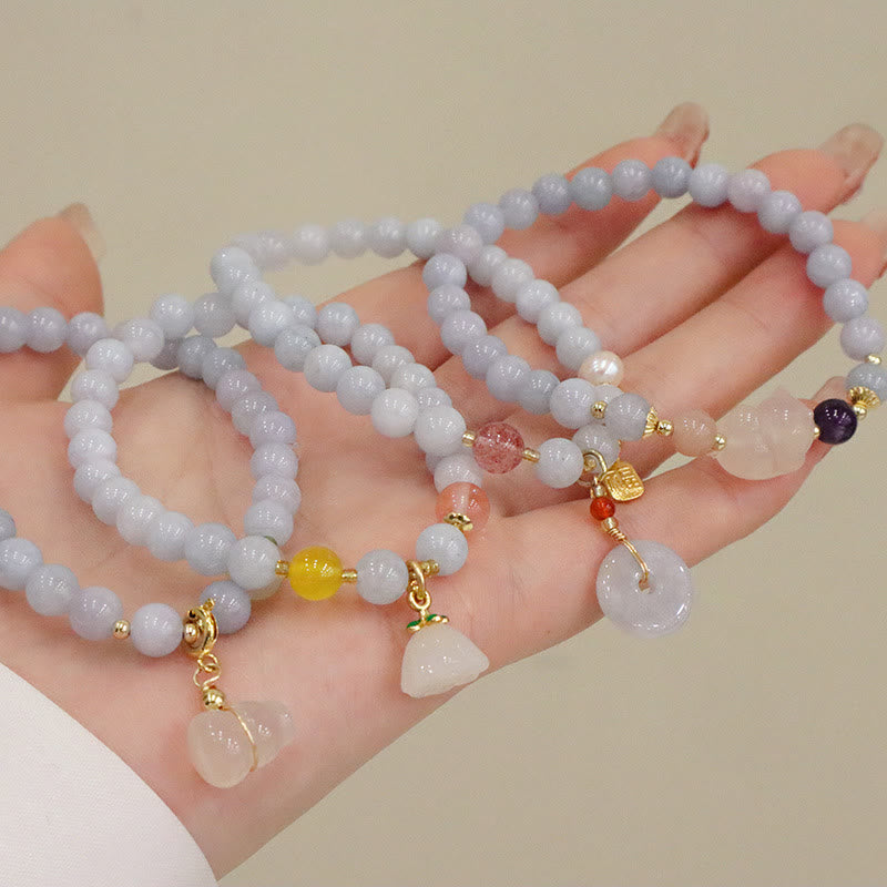 Wear FengShui Natural Aquamarine Chalcedony Serenity Rabbit Gourd Cat Charm Bracelet