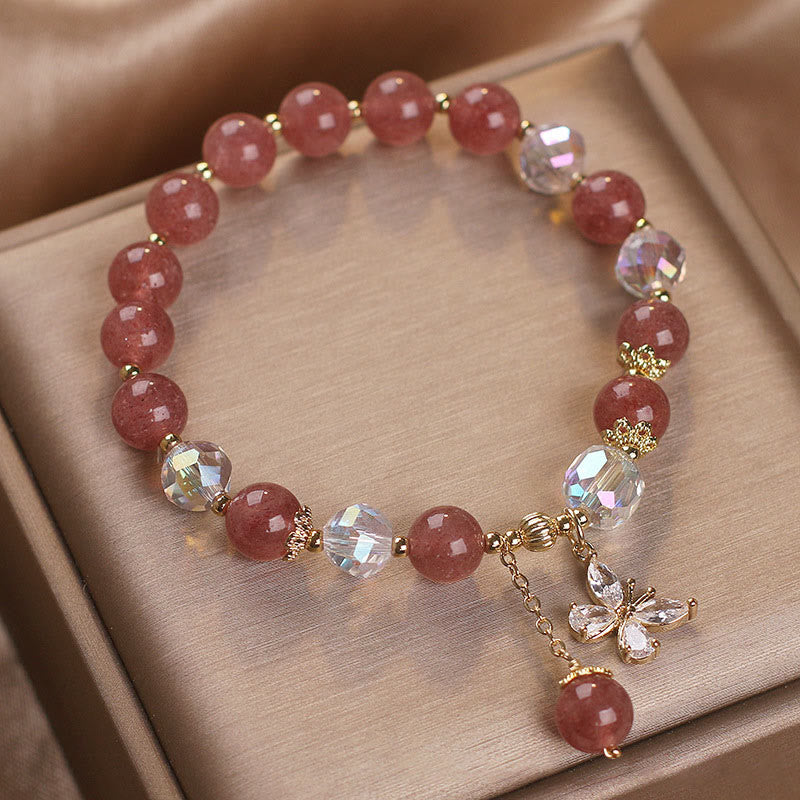 Wear FengShui Natural Strawberry Quartz Love Healing Butterfly Charm Bracelet